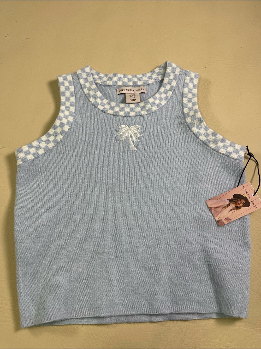 Sincerly Jules Light Blue Knit Palm Checker Trim Tank